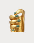 brazalete en forma de mano, brazalete de aleación de latón, brazalete cortado a mano, brazalete con piedras verdes, brazalete para mujer, brazalete con chapado de oro 24k, brazalete ajustable, brazalete para mujer, brazalete para hombre, diseño mexicano, hecho a mano, hecho en México