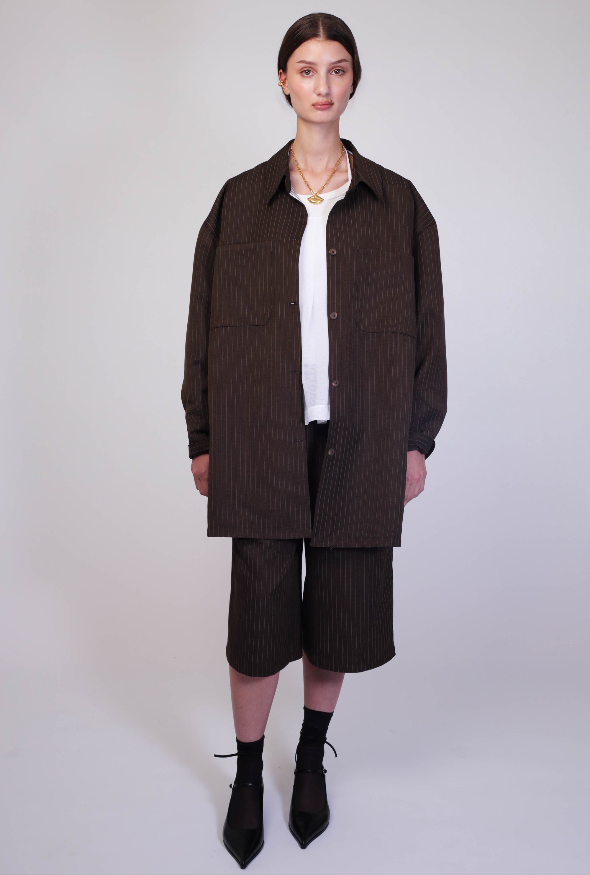 Pinstripe Cut-Outs Overshirt