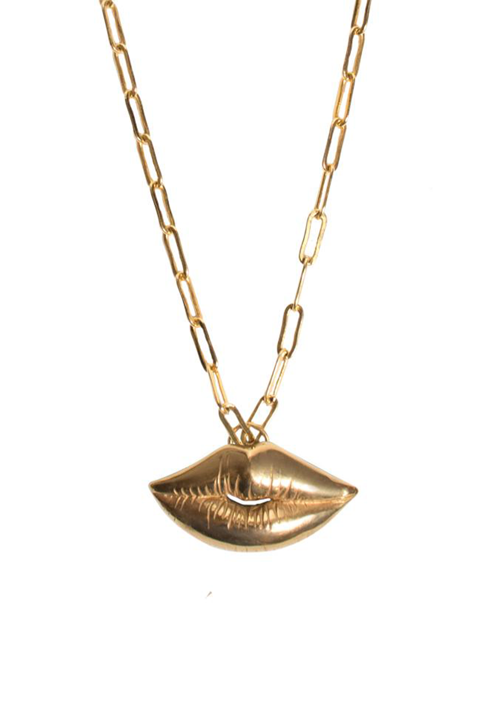 cadena de eslabones con dije en forma de labios, hecho a mano, figura humana, marca mexicana, aleación de latón, dorado, arte, Claude Lalanne, collar grande, summer sale, hot sale, regalo de cumpleaños para mujer, regalo de aniversario para mujer, descuentos, 15% de descuento, meses sin intereses.